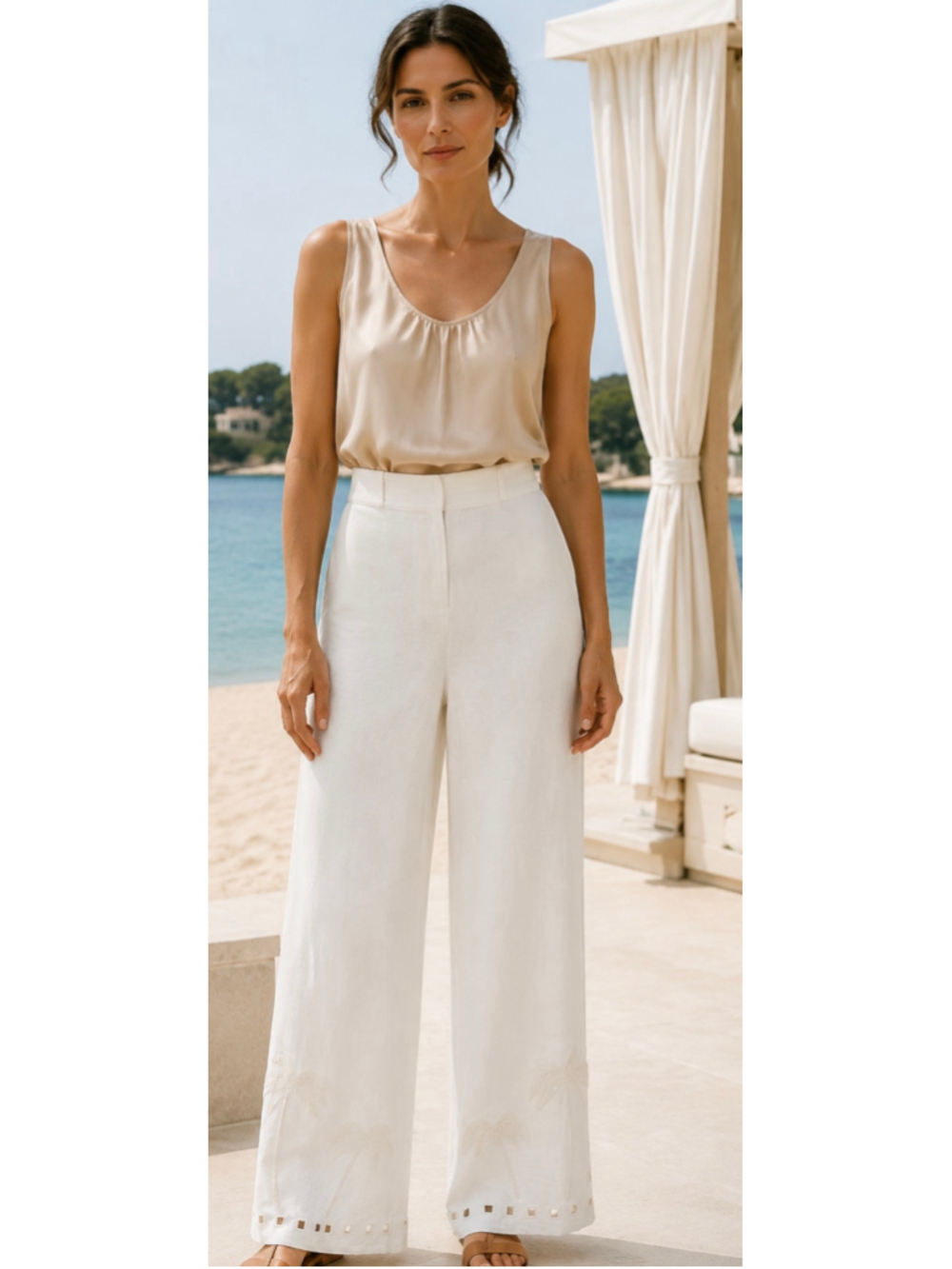 Women's Rip Curl Wide Leg Pants Size L Palm Tree Leg Linen Blend